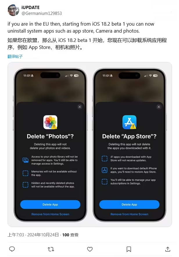 勐腊苹果手机维修分享iOS 18.2 支持删除 App Store 应用商店 