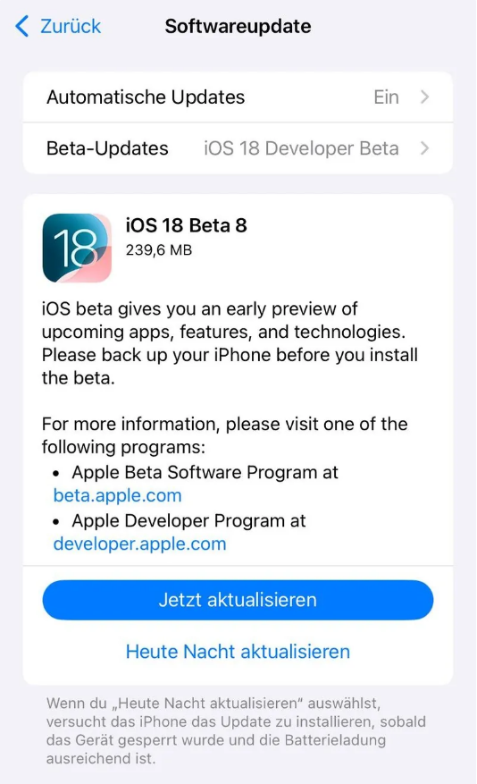 勐腊苹果手机维修分享苹果 iOS / iPadOS 18 开发者预览版 Beta 8 发布 